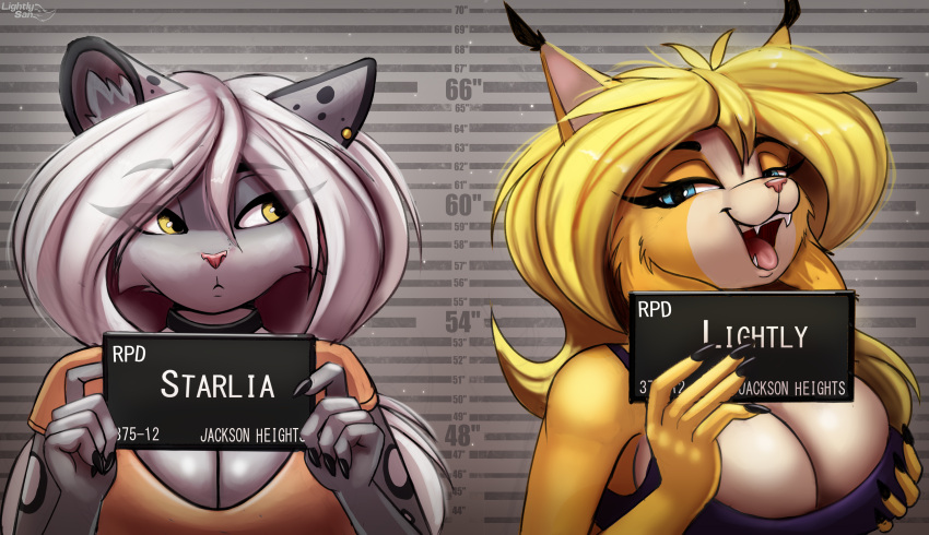 anthro barbie_and_ken_mugshot_meme breast_grab breasts duo felid feline female female/female hand_on_breast hi_res lightly-san lightly_breeze_(pony-way) looking_at_another looking_at_viewer lynx mammal meme mugshot pantherine smile snow_leopard starlia_(lightly-san) tongue tongue_out