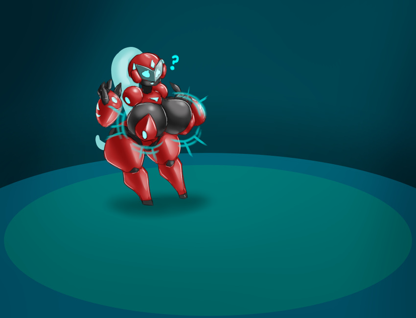 absurd_res beepunz big_breasts black_body breast_expansion breasts ela expansion female hi_res huge_breasts humanoid machine motion_lines multicolored_body question_mark red_body robot robot_humanoid solo standing thick_thighs visor