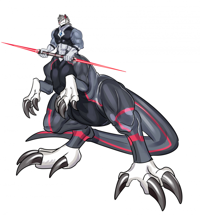 2023 5_fingers big_claws big_muscles biped biped_taur claws countershade_torso countershading digital_media_(artwork) dinosaur eyebrows finger_claws fingers fully_clothed_taur grey_body hi_res holding_object holding_weapon hr7777 long_claws looking_at_viewer male mammal muscular nipples pecs pink_claws pink_eyes pink_nose reptile scalie shaded simple_background snaggle_tooth solo split_form standing taur toe_claws weapon white_background white_body white_eyebrows