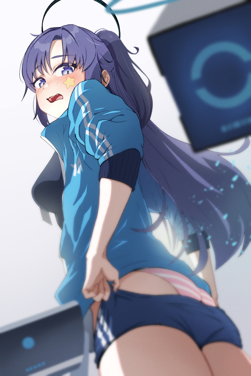 1girl ass blue_archive blue_buruma blue_jacket blurry blush breasts buruma depth_of_field dressing drone half_updo halo highres jacket looking_at_viewer looking_back medium_breasts official_alternate_costume panties ponytail purple_eyes purple_hair solo star_sticker sticker_on_face striped striped_panties track_jacket two-tone_panties udon_f underwear yuuka_(blue_archive) yuuka_(track)_(blue_archive)
