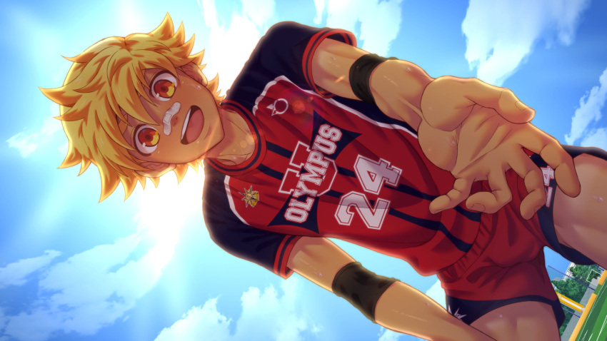 1boy bandaid bandaid_on_face bandaid_on_nose black_armband blonde_hair blue_sky cloud collaboration dutch_angle highres jock_studio_(blits_games) leo_mendez_(jock_studio) looking_at_viewer male_focus mikkoukun non-web_source official_art open_mouth orange_eyes outdoors reaching reaching_towards_viewer red_shirt red_shorts shade shirt short_hair short_sleeves shorts sky solo teeth tongue upper_teeth_only variant_set zamius