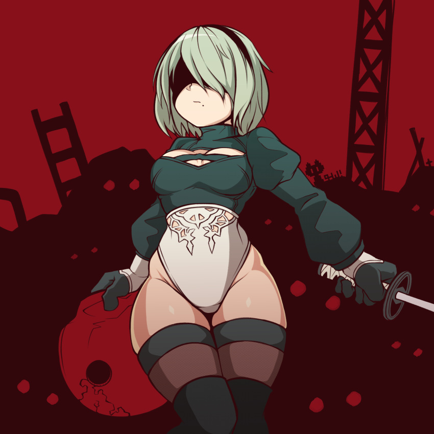 1girl absurdres black_blindfold black_gloves black_hairband blindfold breasts cleavage cleavage_cutout closed_mouth clothing_cutout gloves grey_hair hairband highleg highleg_leotard highres hip_bones holding holding_sword holding_weapon juliet_sleeves katana left-handed leotard long_sleeves machine_(nier) medium_breasts mole mole_under_mouth nier:automata nier_(series) puffy_sleeves purple_thighhighs red_background sakumochi_(pixiv4431677) short_hair skindentation solo standing sword thighhighs thighs turtleneck weapon white_leotard yorha_no._2_type_b