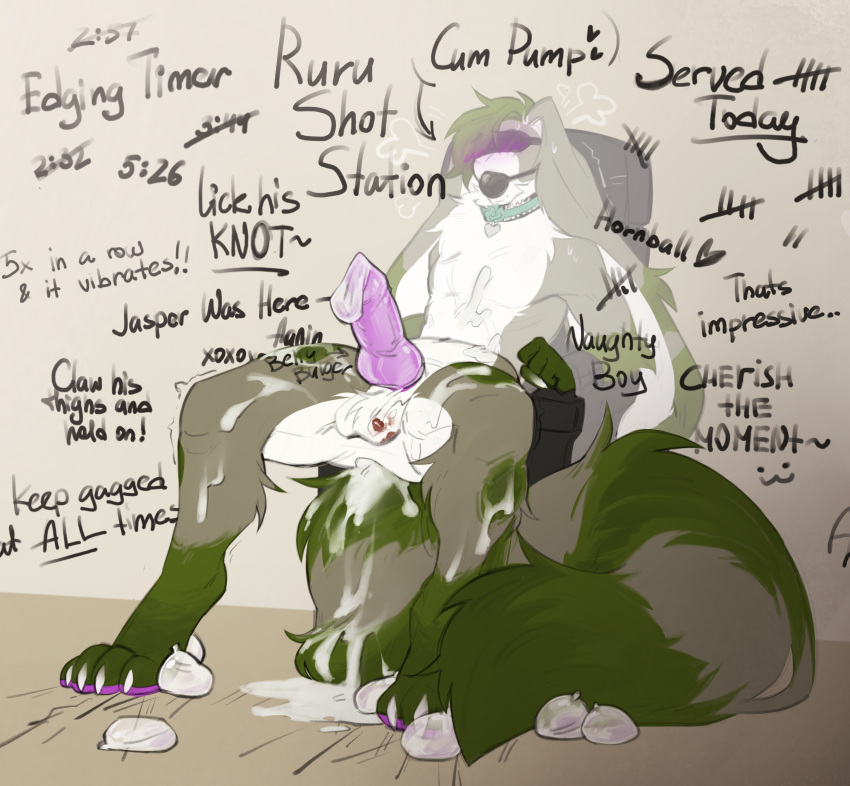 absurd_res anthro arms_tied ball_gag big_ears big_tail bishopi blindfold blush bodily_fluids body_writing bound claw_marks collar condom cum cum_pooling edging english_text erection filled_condom floppy_ears fluffy fluffy_chest fluffy_tail fur gag genital_fluids genitals green_body hi_res hybrid kiss_mark_on_balls knot lagomorph leporid lop_ears male mammal messy pawpads penis procyonid purple_pawpads purple_penis rabbit raccoon rurik_carpenter sexual_barrier_device shaking solo tail text trembling writing_on_thigh writing_on_wall