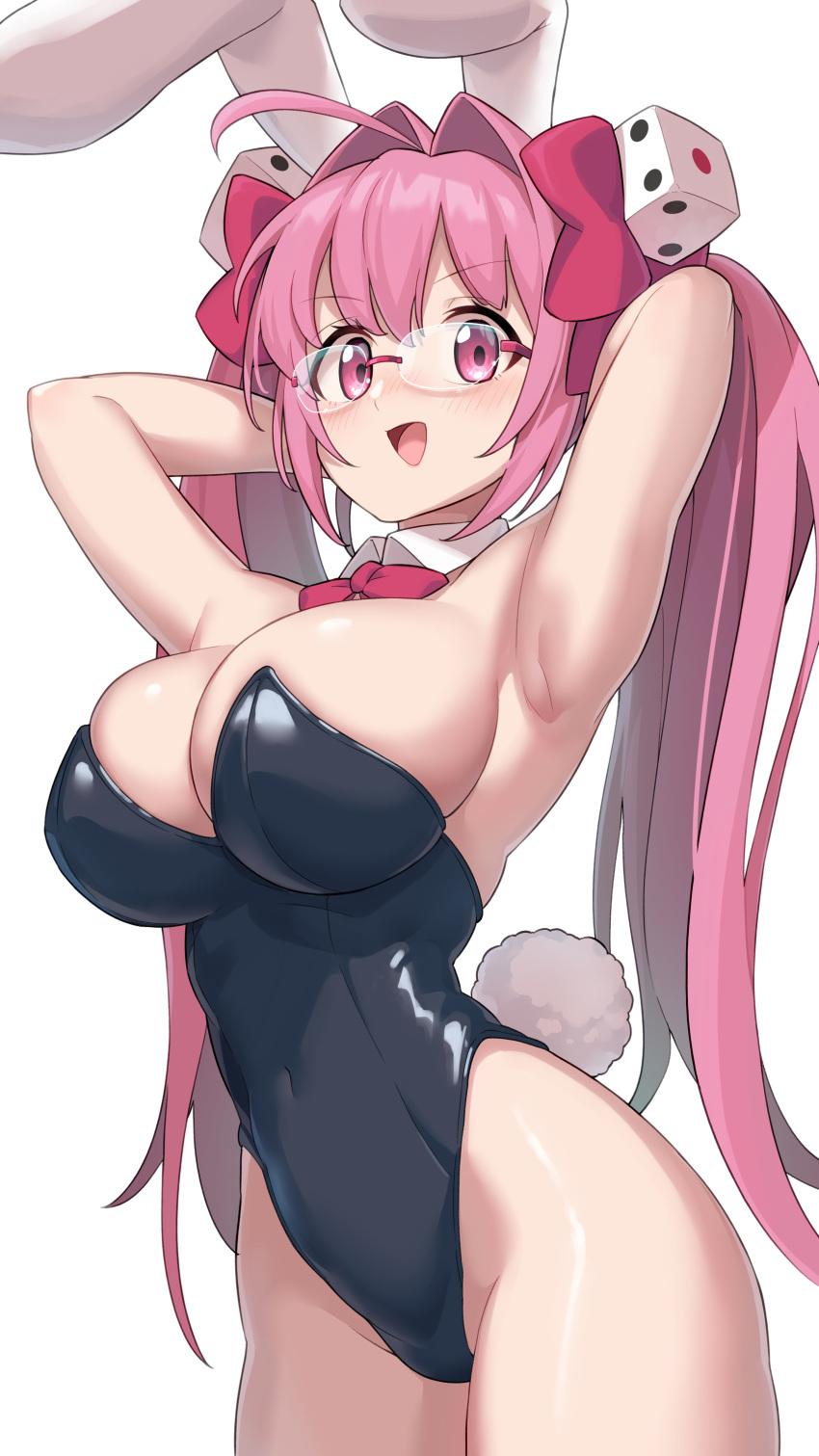 1girl absurdres ahoge arukiru blush breasts commission di_gi_charat glasses hair_intakes highres large_breasts looking_at_viewer open_mouth pink_eyes pink_hair playboy_bunny red-framed_eyewear rimless_eyewear skeb_commission smile solo usada_hikaru