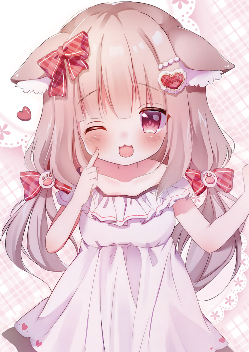 1girl :3 animal_ears blush bow brown_hair cat_ears cat_girl cheek_poking dress finger_to_cheek hair_bow hair_ornament hanasakichu heart heart_hair_ornament highres index_finger_raised long_hair looking_at_viewer low_twintails one_eye_closed open_mouth original paw_hair_ornament pearl_hair_ornament pink_eyes plaid plaid_bow poking short_sleeves solo twintails