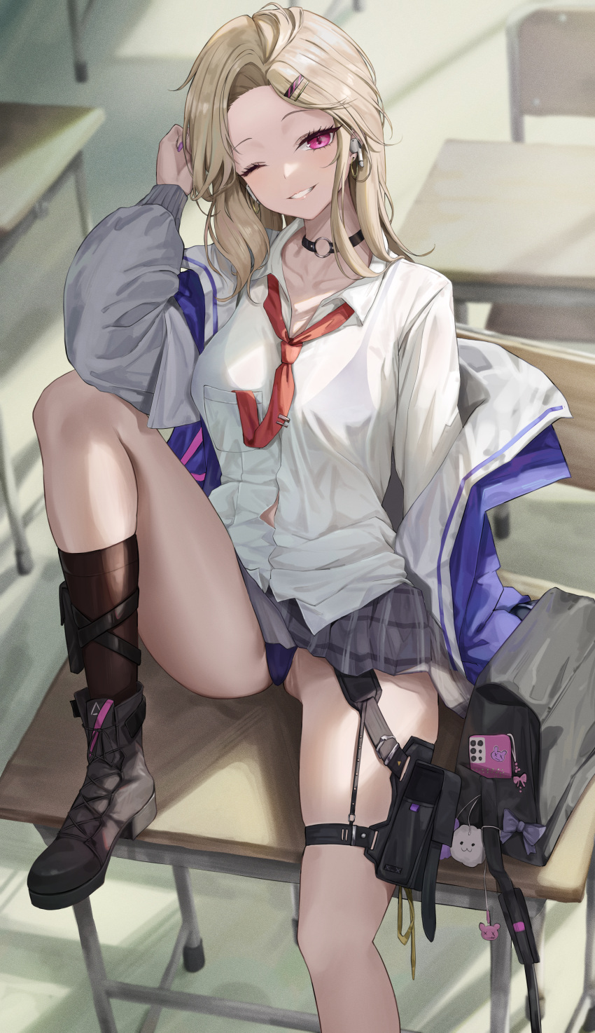 1girl ;d absurdres black_bra black_socks blonde_hair blush bra bra_visible_through_clothes breasts button_gap chair choker collarbone desk ein_(nikke) fingernails foot_out_of_frame forehead goddess_of_victory:_nikke grey_skirt gyaru head_tilt highres holster indoors jacket jacket_partially_removed knee_up kneehighs kogal large_breasts looking_at_viewer loose_necktie nail_polish necktie o-ring o-ring_choker one_eye_closed open_collar plaid plaid_skirt pleated_skirt red_eyes red_necktie renge_(730) school_chair school_desk shirt sitting skirt smile socks solo thigh_holster two-sided_fabric two-sided_jacket underwear white_shirt wireless_earphones