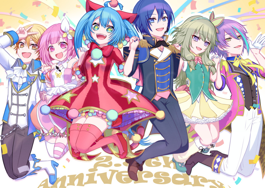 3boys 3girls ahoge aida_karasu animal_ears anniversary aqua_eyes aqua_hair black_coat black_pants blonde_hair blue_eyes blue_hair blue_nails bolo_tie boots bow bowtie cane cat_ears coat dress green_eyes green_hair grin hair_ornament hairband hand_on_another's_hand hatsune_miku high_heels highres kaito_(vocaloid) kamishiro_rui kusanagi_nene light_blue_hair long_hair looking_at_viewer multicolored_hair multiple_boys multiple_girls ootori_emu open_mouth pants pink_coat pink_eyes pink_hair project_sekai purple_eyes purple_hair red_dress red_thighhighs shoes short_hair short_sleeves smile star-shaped_pupils star_(symbol) symbol-shaped_pupils teeth tenma_tsukasa thighhighs twintails two-tone_hair upper_teeth_only vocaloid white_coat white_pants wonderlands_x_showtime_(project_sekai) wonderlands_x_showtime_kaito wonderlands_x_showtime_miku yellow_eyes