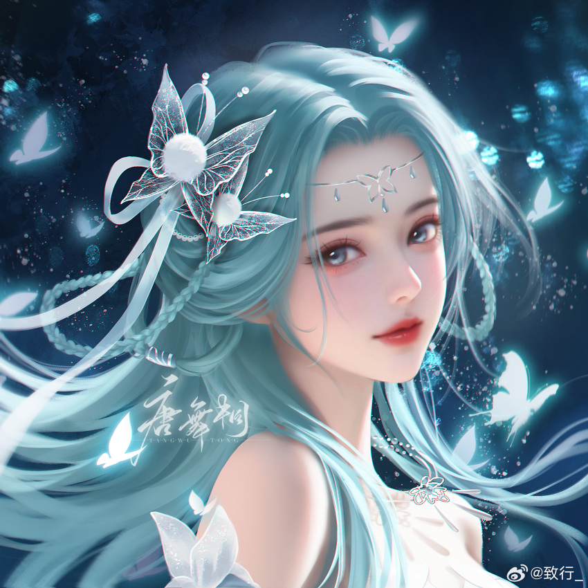 1girl artist_request bare_shoulders blue_eyes blue_hair braided_hair_rings bug butterfly butterfly_hair_ornament circlet closed_mouth dark dark_background douluo_dalu from_side glowing_butterfly hair_ornament highres long_hair realistic second-party_source smile solo tang_wutong_(douluo_dalu) upper_body
