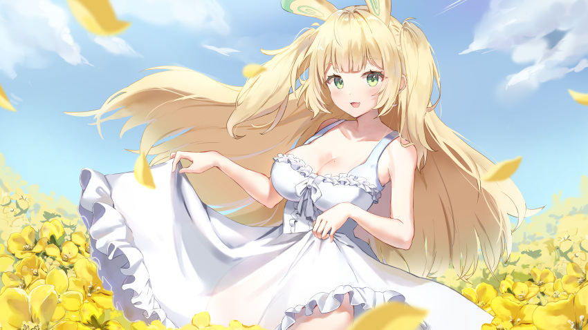 1girl :3 absurdres animal_ears bare_shoulders blonde_hair blue_sky blunt_bangs blurry blush breasts cleavage cloud collarbone commentary commission cowboy_shot day depth_of_field dress falling_petals flower frilled_dress frills green_eyes highres large_breasts long_hair looking_at_viewer open_mouth original outdoors petals same_(samefgo) sidelocks skirt_hold sky sleeveless sleeveless_dress solo standing sundress twintails white_dress wind yellow_flower