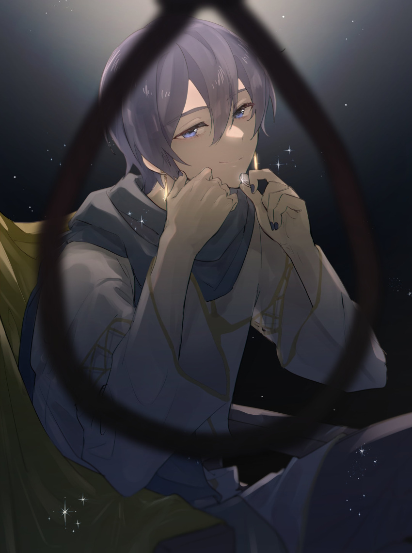 1boy absurdres blue_eyes blue_hair blue_nails closed_mouth commentary_request earrings hair_between_eyes highres jewelry kaito_(vocaloid) long_sleeves looking_at_viewer male_focus noose parang_99 scarf short_hair sitting solo vocaloid
