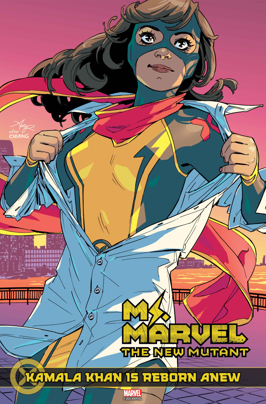 1girl absurdres amy_reeder black_bodysuit blue_shirt bodysuit breasts brown_eyes brown_hair character_name city comic_cover cover cover_page dark-skinned_female dark_skin english_commentary english_text floating_hair highres kamala_khan logo long_hair looking_up marvel mask medium_breasts ms._marvel ocean official_art second-party_source shirt signature smile solo sunset superhero superman_exposure water x-men