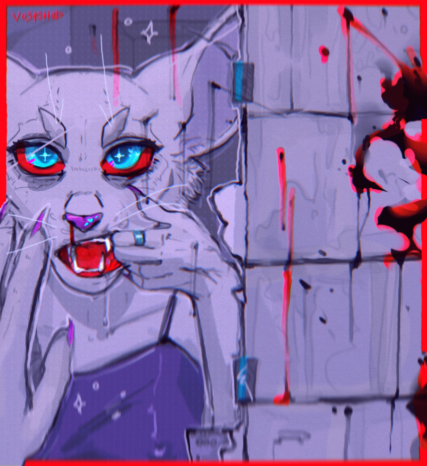 anthro blood bodily_fluids clothed clothing digital_media_(artwork) domestic_cat felid feline felis female finger_in_mouth fur hi_res mammal nosebleed open_mouth red_sclera red_tongue ring solo teeth tongue topwear voskhodart