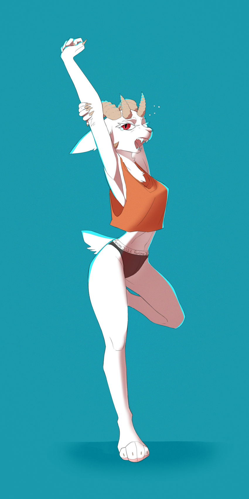 absurd_res anthro arm_over_head blue_background clothed clothing fangs female ferima fully_clothed fur hi_res horn lagomorph looking_at_viewer mammal on_one_leg open_mouth red_eyes shirt simple_background solo standing stretching tank_top teeth topwear underwear white_body white_fur yawn