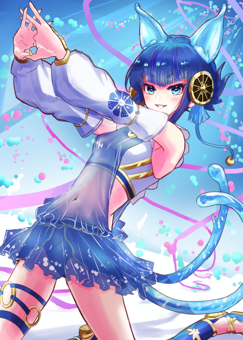 1girl animal_ears bare_shoulders blue_eyes blue_hair cat_ears cat_tail covered_navel cracking_knuckles crop_top detached_sleeves duel_monster feet_out_of_frame hands_up highres long_sleeves midriff multiple_tails navel ni-ni_the_mirror_mikanko noppe12792533 short_hair_with_long_locks sidelocks skirt solo tail two_tails yu-gi-oh!