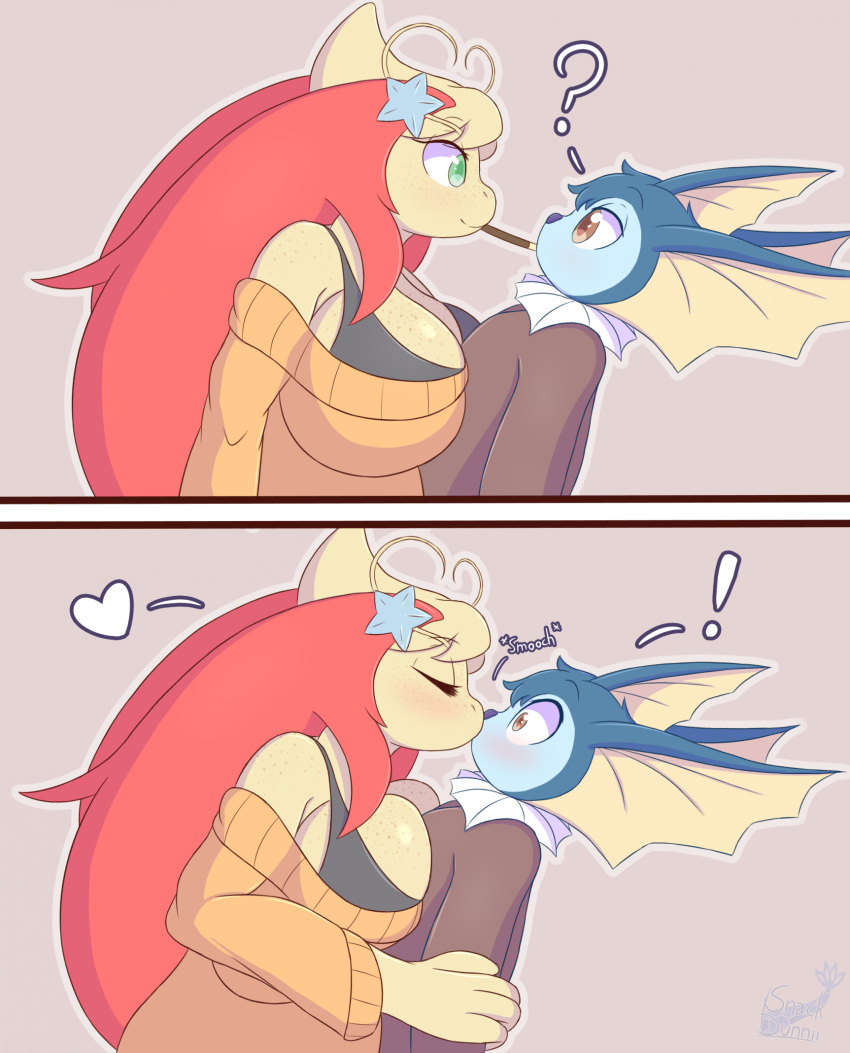 &lt;3 anthro biped blue_body breasts brown_eyes clothed clothing duo eeveelution female food freckles french_kissing generation_1_pokemon generation_3_pokemon green_eyes hi_res kissing male mila_(snackbunnii) milotic nintendo pocky pokemon pokemon_(species) ritz_(snackbunnii) simple_background snackbunnii tan_body vaporeon