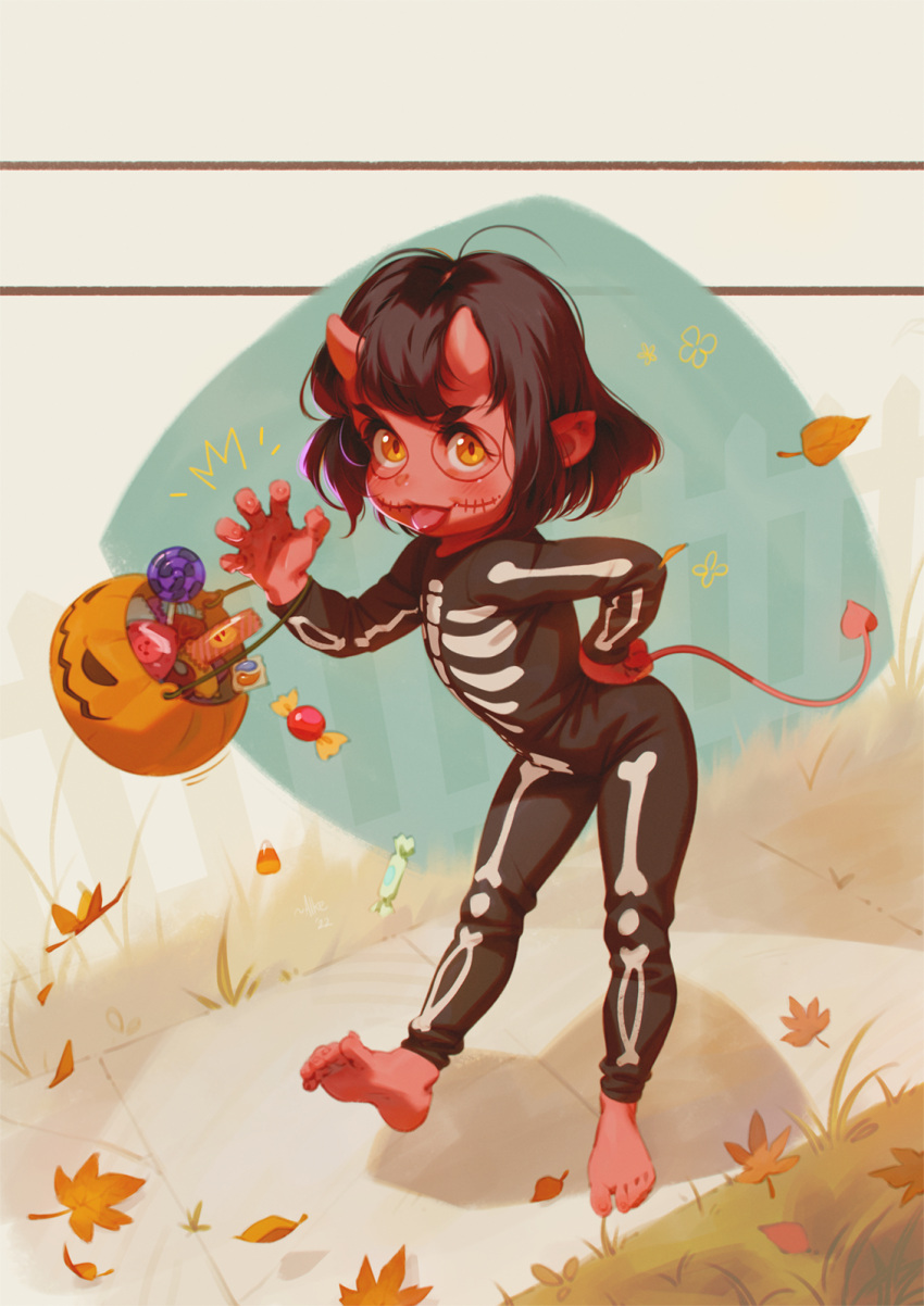 1girl alkemanubis barefoot black_bodysuit black_hair blush bodysuit candy child claws closed_mouth colored_skin commentary demon_girl demon_horns demon_tail english_commentary english_text food full_body halloween halloween_bucket hand_on_own_hip highres horns jack-o'-lantern long_sleeves looking_at_viewer orange_eyes original pointy_ears red_skin scar scar_on_face scar_on_mouth short_hair skeleton_print soles solo tail toes tongue tongue_out walking