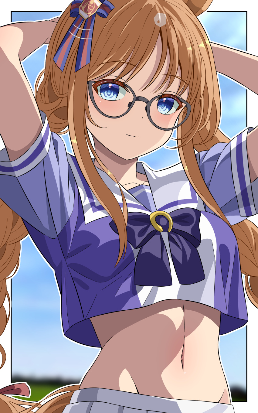 1girl 96dai_0313 absurdres adjusting_hair alternate_hairstyle animal_ears bespectacled blue_eyes blurry blurry_background braid breasts closed_mouth french_braid glasses grass_wonder_(umamusume) hair_ornament highres horse_ears horse_girl horse_tail long_hair looking_at_viewer midriff school_uniform sky small_breasts smile solo tail tracen_school_uniform twin_braids umamusume uniform