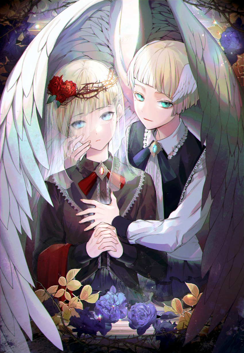 2boys aged_down angel angel_wings aqua_eyes black_vest blonde_hair blue_eyes blue_flower blue_ribbon brooch brothers brown_shirt child diagonal_bangs feathered_wings flower frown glowing hand_on_another's_cheek hand_on_another's_chest hand_on_another's_face head_tilt head_wings head_wreath highres hug interlocked_fingers jewelry lace_trim leaf long_sleeves looking_at_viewer male_focus millions_knives multiple_boys own_hands_together praying raku7560 red_flower red_ribbon red_rose ribbon rose see-through shawl shirt short_hair siblings sparkle thorns trigun trigun_stampede twins upper_body vash_the_stampede veil vest white_shirt wings