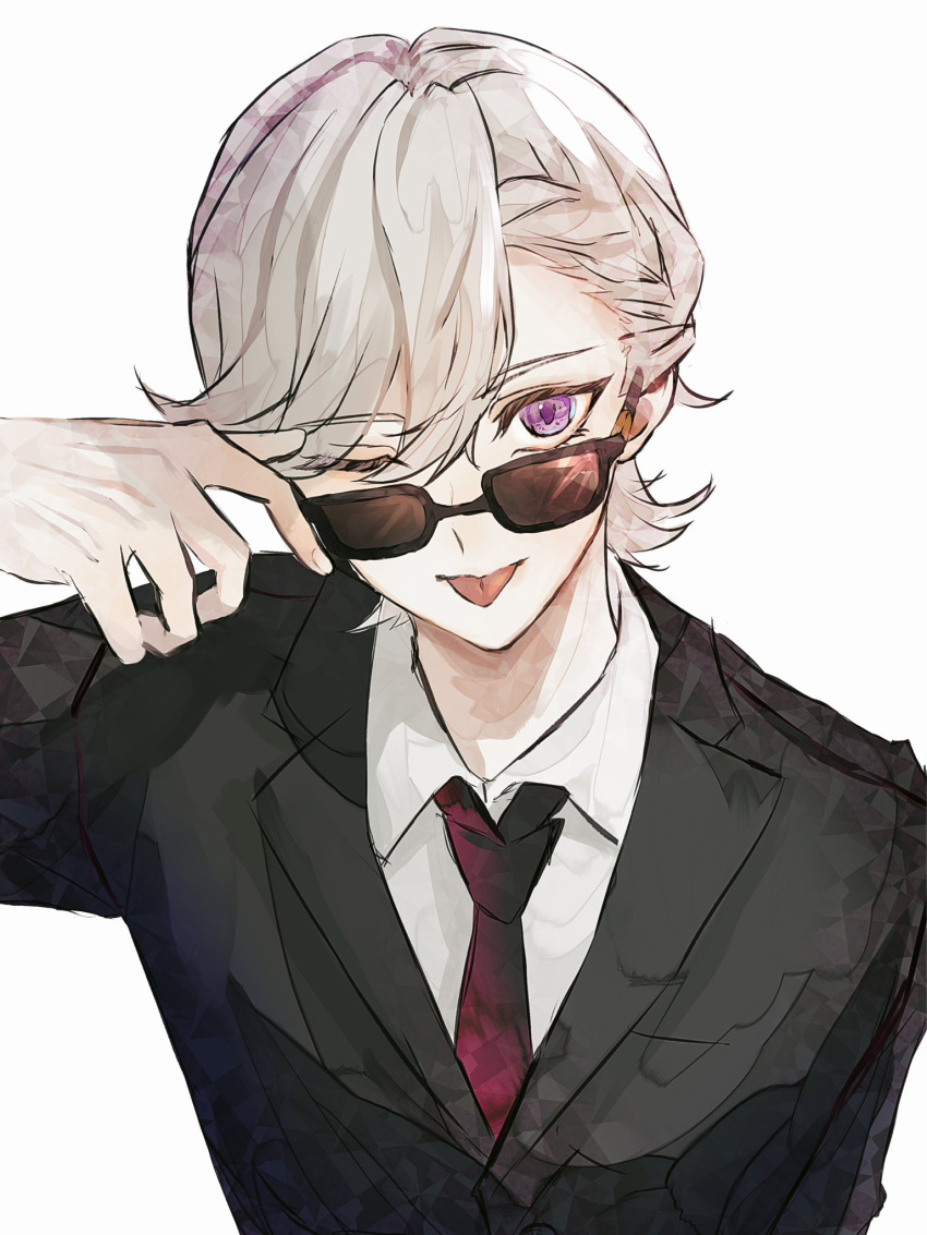 1boy ;p arm_up black_jacket closed_mouth collared_shirt commentary eyelashes genshin_impact grey_hair hair_over_one_eye highres jacket lapels long_sleeves looking_at_viewer looking_over_eyewear lyney_(genshin_impact) male_focus necktie one_eye_closed parted_bangs purple_eyes red_necktie senno_dayo shirt short_hair simple_background smile solo sunglasses swept_bangs tongue tongue_out upper_body white_background white_shirt wing_collar