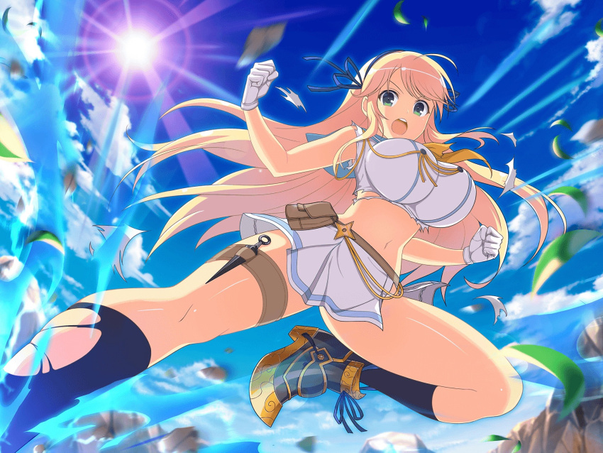 1girl ascot attack belt_pouch black_footwear blonde_hair blue_ribbon blue_sailor_collar blue_sky boots breasts clenched_hands cloud day dress energy flying_kick gloves grass green_eyes hair_ribbon highres holster huge_breasts katsuragi_(senran_kagura) kicking kunai legs lens_flare light_rays long_hair metal_boots midriff miniskirt navel ninja official_art open_mouth orange_ascot outdoors pouch ribbon rock sailor_collar sailor_dress senran_kagura senran_kagura_new_link senran_kagura_shoujo-tachi_no_shin'ei shiny_skin shuriken skirt sky solo sun sunlight teeth thigh_holster tongue torn_clothes torn_socks upper_teeth_only weapon white_gloves yaegashi_nan