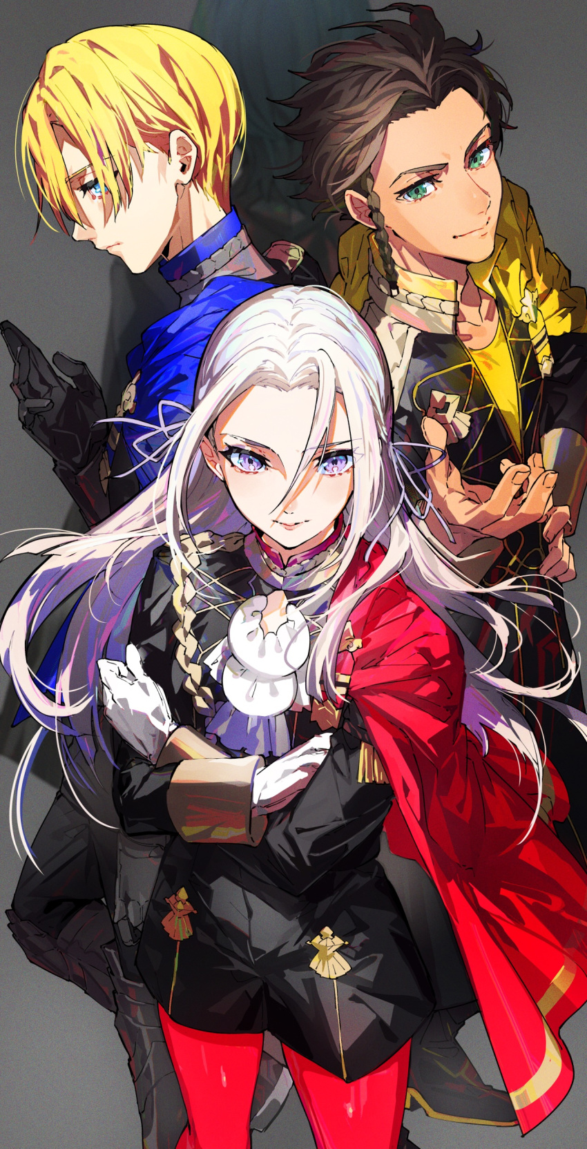 1girl 3boys absurdres blonde_hair blue_eyes brown_hair byleth_(fire_emblem) byleth_(male)_(fire_emblem) cape claude_von_riegan closed_mouth dark-skinned_male dark_skin dimitri_alexandre_blaiddyd edelgard_von_hresvelg fire_emblem fire_emblem:_three_houses garreg_mach_monastery_uniform gloves green_eyes hair_ornament hair_ribbon highres long_hair long_sleeves looking_at_viewer mika_pikazo multiple_boys pantyhose parted_bangs purple_eyes red_cape ribbon short_hair smile uniform white_hair