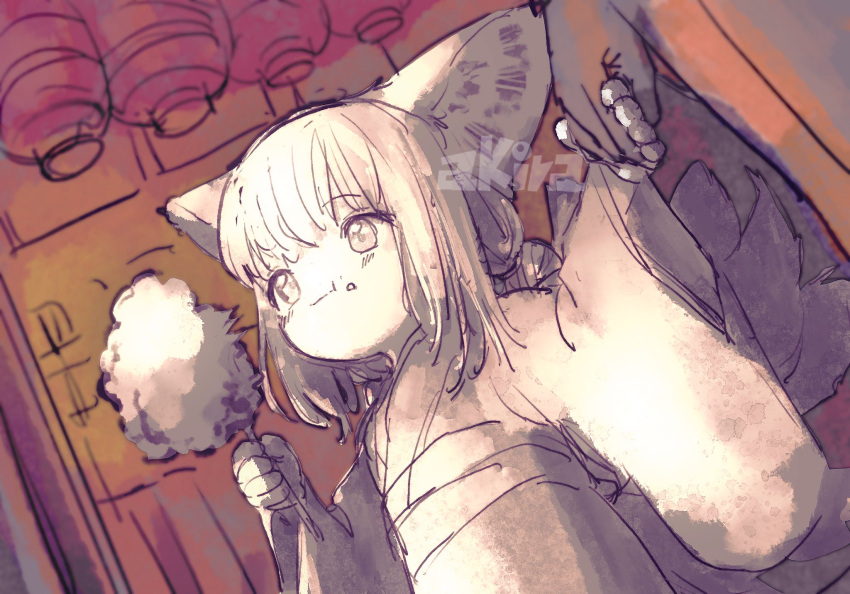 1girl 1other :t animal_ears arknights artist_name closed_mouth cotton_candy fox_ears fox_girl fox_tail highres holding_hands japanese_clothes kimono kitsune kyuubi limited_palette long_sleeves multiple_tails niwatori_(akira_207) sketch solo_focus suzuran_(arknights) tail upper_body watermark wide_sleeves