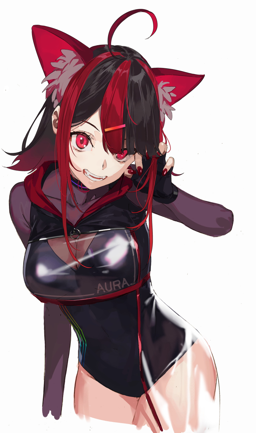 1girl absurdres ahoge animal_ears black_choker black_gloves black_hair breasts choker cleavage fingerless_gloves gloves gx_aura hair_ornament hairclip highres leotard long_hair multicolored_hair opera_gx pako_(pakosun) red_hair red_nails see-through see-through_leotard solo upper_body virtual_youtuber