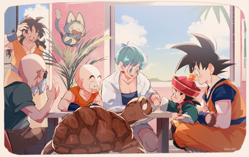 1girl 6+boys aqua_eyes aqua_hair beard black_hair blue_sky bulma cloud cloudy_sky dragon_ball dragon_ball_z facial_hair father_and_son highres kuririn multiple_boys muten_roushi old old_man open_mouth plant roku_(roku_0141) scar scar_across_eye short_hair sky son_gohan son_goku sunglasses umigame_(dragon_ball) yamcha