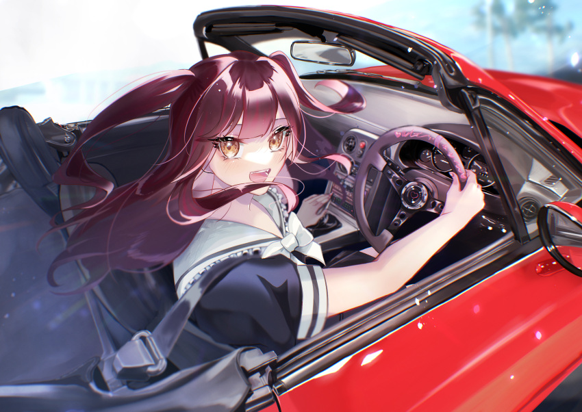 1girl absurdres black_shirt blurry blurry_background blush bow brown_eyes brown_hair car convertible driving fangs floating_hair heart highres long_hair looking_at_viewer mazda mazda_mx-5 mazda_mx-5_nc motor_vehicle mugi_(marineblue134) open_mouth original palm_tree right-hand_drive sailor_collar shirt sky smile solo steering_wheel tree two_side_up white_bow white_sailor_collar