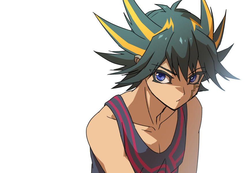1boy black_hair black_tank_top blue_eyes collarbone facial_mark facial_tattoo fudou_yuusei highres leaning leaning_forward looking_to_the_side male_focus marking_on_cheek multicolored_hair serious short_hair simple_background slouching solo spiked_hair streaked_hair tank_top tattoo white_background youko-shima yu-gi-oh! yu-gi-oh!_5d's