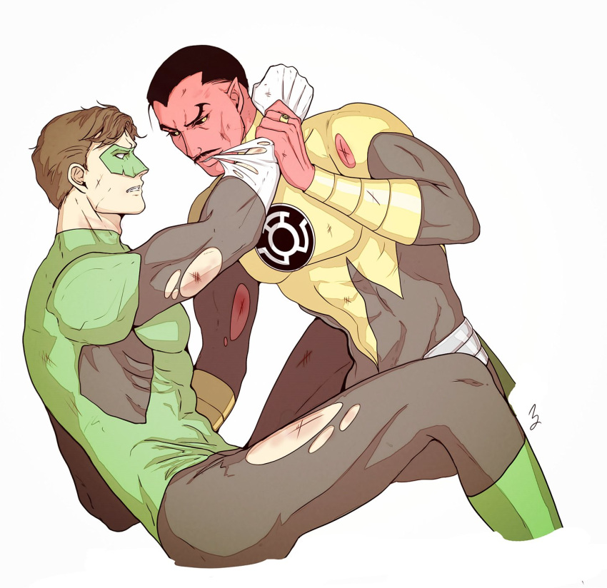 2boys bara black_bodysuit black_hair blood bodysuit brown_hair clenched_teeth colored_skin covered_abs dc_comics domino_mask gloves green_bodysuit green_lantern green_lantern_(series) hal_jordan highres holding_another's_wrist injury jewelry large_pectorals looking_at_another male_focus mask multiple_boys muscular muscular_male pectorals pointy_ears red_skin ring short_hair simple_background sinestro superhero teeth torn_bodysuit torn_clothes torn_gloves torn_mask two-tone_bodysuit white_background white_gloves yaoi ykro7705