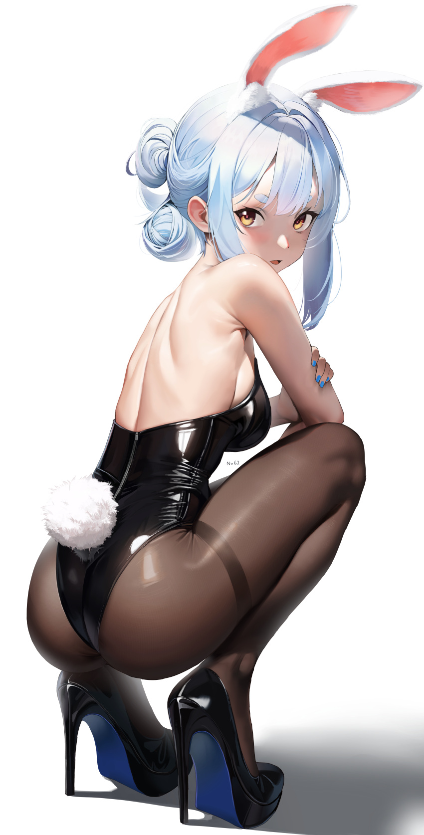 1girl absurdres animal_ear_fluff animal_ears ass backless_leotard bare_shoulders black_footwear black_leotard black_pantyhose blue_hair blue_nails blush breasts colored_shoe_soles double_bun fingernails hair_bun high_heels highres hololive leotard looking_at_viewer median_furrow medium_breasts nail_polish not_forever2w pantyhose parted_lips playboy_bunny pumps rabbit-shaped_pupils rabbit_ears rabbit_girl rabbit_tail romaji_commentary short_eyebrows shoulder_blades sidelocks simple_background solo squatting symbol-shaped_pupils tail thick_eyebrows thighband_pantyhose turning_head usada_pekora virtual_youtuber white_background yellow_eyes