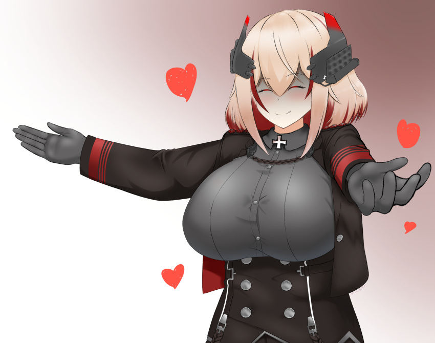 1girl azur_lane black_jacket blonde_hair blush breasts closed_mouth commentary_request cross gloves gradient_background grey_gloves grey_shirt hair_between_eyes headgear heart highres incoming_hug iron_cross jacket large_breasts medium_hair multicolored_hair outstretched_arms red_hair roon_(azur_lane) shaded_face shirt simple_background smile solo streaked_hair upper_body white_background xiao_(gensou8953)