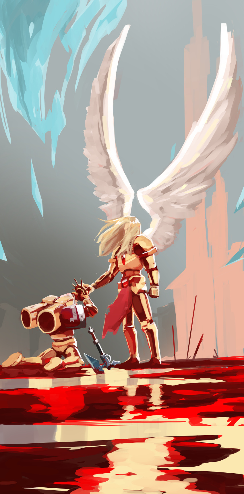 2boys absurdres adeptus_astartes angel angel_wings armor armored_boots axe blonde_hair blood blood_angels boots breastplate clip_studio_paint_(medium) commentary couter cuirass dante_(warhammer_40k) english_commentary from_side gauntlets gold_armor greaves hair_over_face highres jadecarvis jetpack kneeling leg_armor long_hair making-of_available male_focus multiple_boys outdoors pauldrons pelvic_curtain planted planted_axe poleyn power_armor primarch rerebrace sanguinius shoulder_armor spread_wings standing warhammer_40k white_wings wings