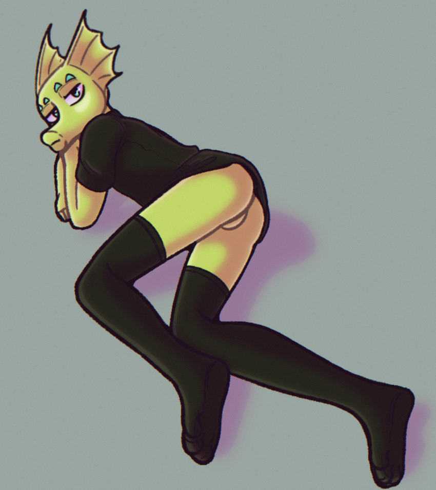 anthro ass_out black_clothing bored_expression butt clothing digital_drawing_(artwork) digital_media_(artwork) ear_fins fin green_body green_eyes green_skin greenboy_(supercell) hi_res humanoid leggings legwear long_snout looking_at_viewer male presenting presenting_hindquarters shirt snout solarlewds solo supercell_(comic) t-shirt topwear