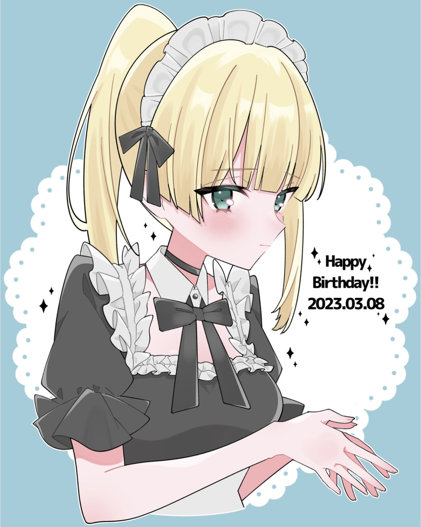 1girl :| alternate_costume apron averting_eyes black_choker black_ribbon black_shirt blonde_hair blue_background blunt_bangs blush breasts choker closed_mouth cropped_torso dated doily enmaided frilled_apron frills from_side green_eyes hair_ribbon happy_birthday high_ponytail highres ichinose_rei idoly_pride looking_ahead maid maid_headdress medium_breasts neck_ribbon own_hands_together puffy_short_sleeves puffy_sleeves raised_eyebrows ribbon shirt short_sleeves sidelocks simple_background solo white_apron wispy_bangs xx_ly_xo