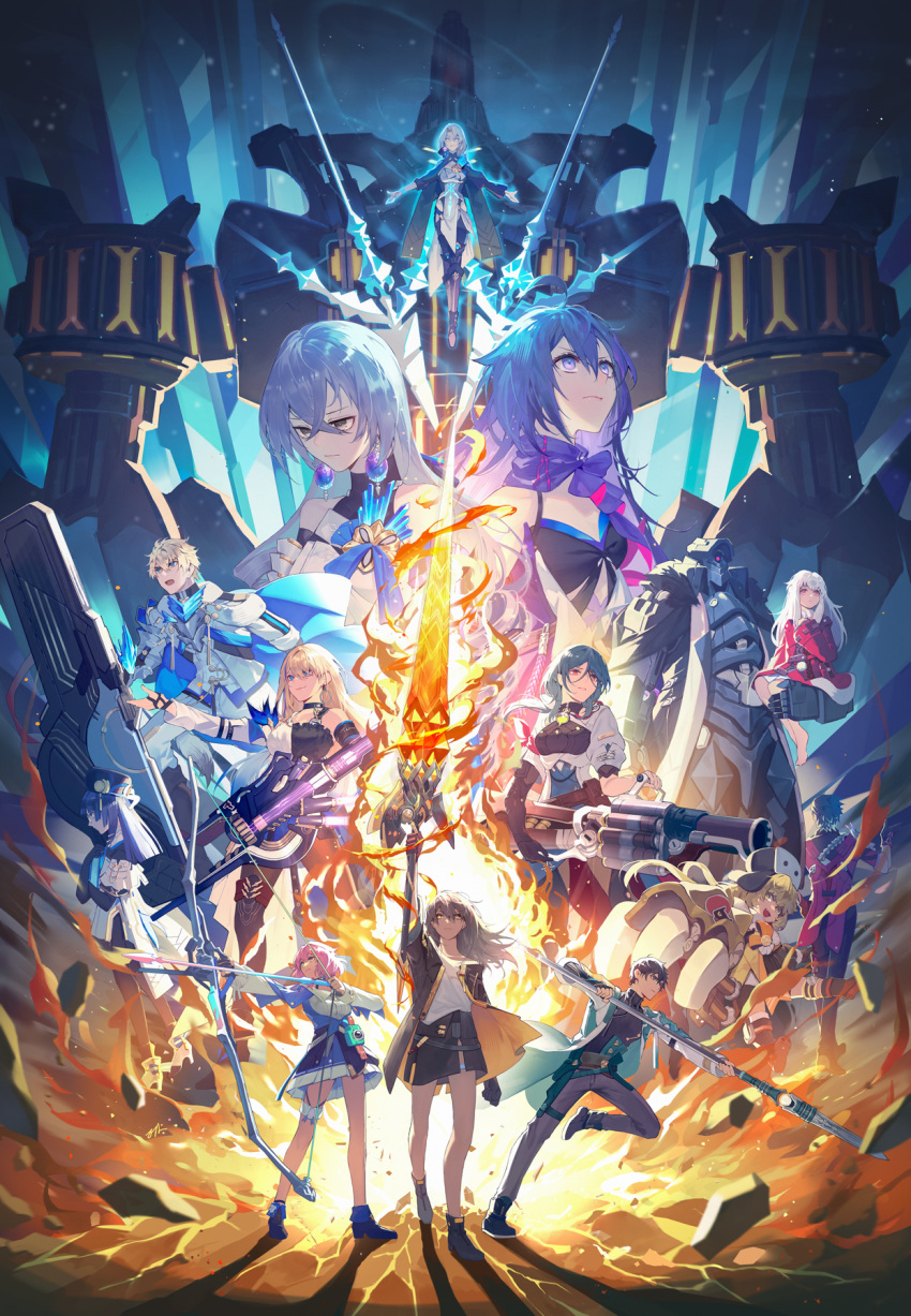 3boys 6+girls arrow_(projectile) blonde_hair blue_eyes bow_(weapon) bronya_rand clara_(honkai:_star_rail) claw_(weapon) cocolia_rand cracked_floor dan_heng_(honkai:_star_rail) earrings electric_guitar fire gepard_landau grenade_launcher grey_eyes guitar highres holding holding_instrument holding_polearm holding_weapon honkai:_star_rail honkai_(series) hook_(honkai:_star_rail) instrument jewelry lance mecha multiple_boys multiple_girls natasha_(honkai:_star_rail) pela_(honkai:_star_rail) pink_hair polearm purple_eyes purple_hair robot sampo_koski seele_(honkai:_star_rail) serval_landau shield spear stelle_(honkai:_star_rail) svarog_(honkai:_star_rail) tooaya trailblazer_(honkai:_star_rail) weapon yellow_eyes