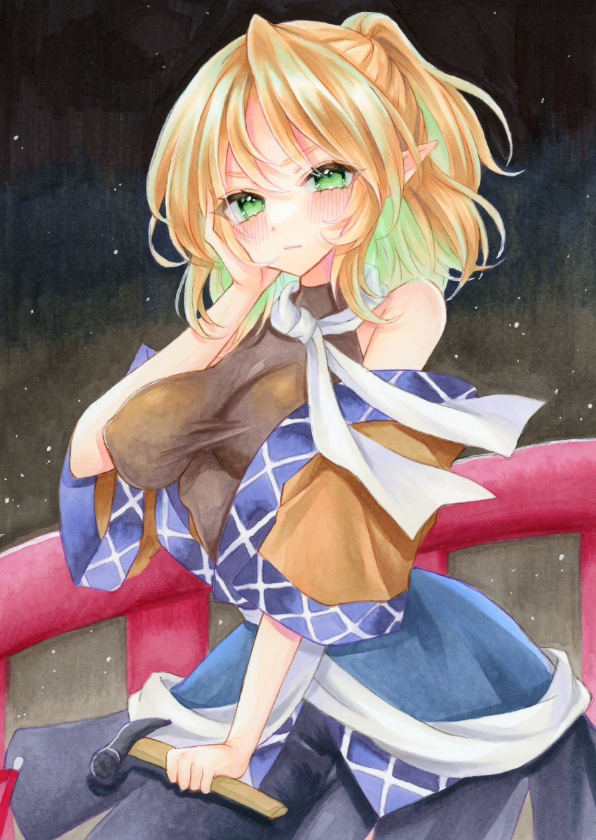 1girl black_skirt blonde_hair breasts bridge closed_mouth commentary_request covered_nipples green_eyes hammer hand_on_own_face highres holding holding_hammer large_breasts looking_at_viewer mizuhashi_parsee multicolored_clothes natsume_nadeshiko one_side_up pointy_ears scarf short_hair skirt solo touhou white_scarf