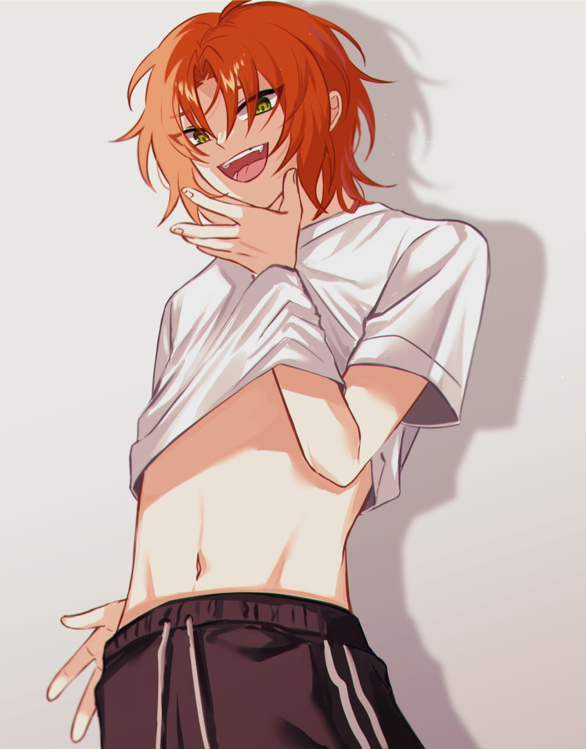 1boy black_pants clothes_lift ensemble_stars! green_eyes guilty_challenge_(meme) highres male_focus meme midriff ocheu_(only_tsukinaga) open_mouth orange_hair pants shirt shirt_lift short_hair solo stomach teeth tongue tsukinaga_leo white_shirt