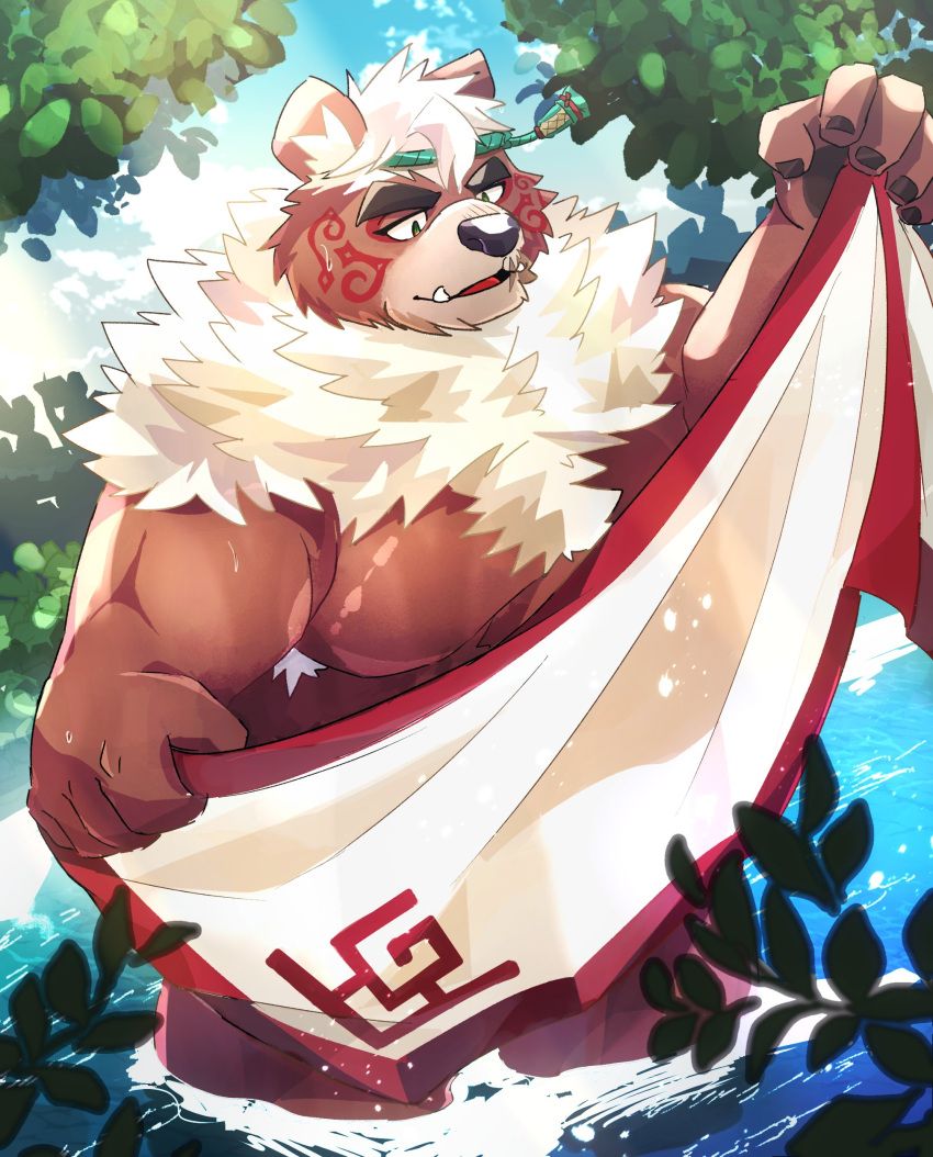 2023 absurd_res anthro bear boar_stag144 detailed_background hi_res humanoid_hands kemono kimun_kamui_(tas) lifewonders male mammal musclegut outside plant solo tokyo_afterschool_summoners tree water