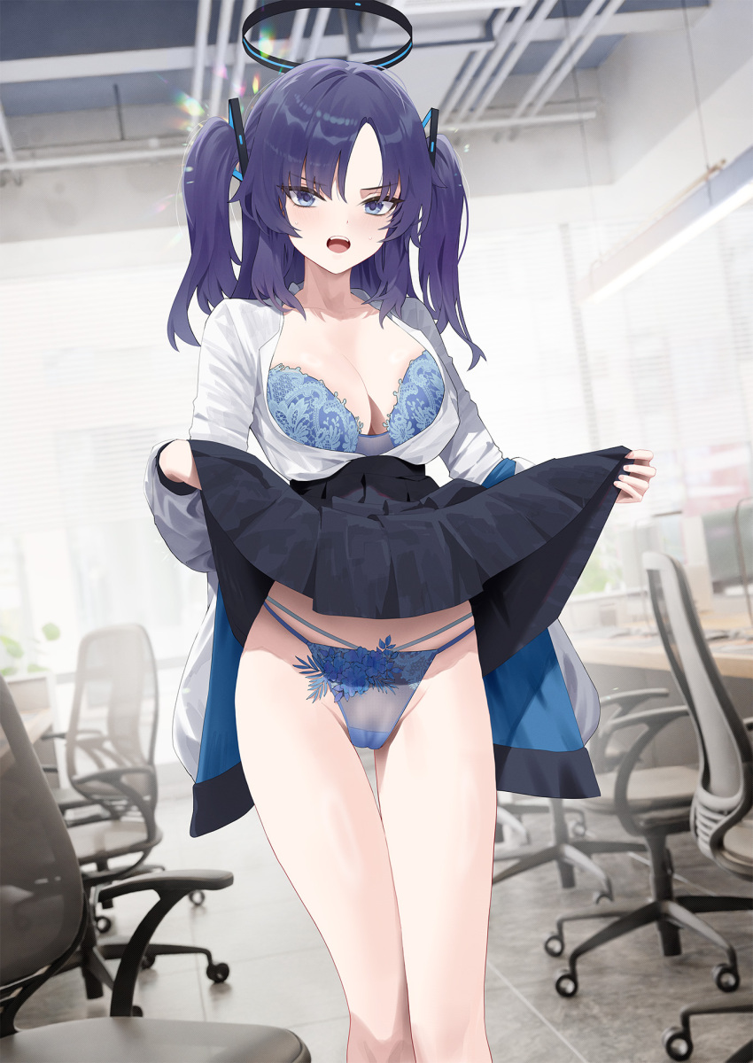 1girl blue_archive blue_bra blue_eyes blue_hair blue_panties bra breasts cameltoe chair cirilla_lin cleavage clothes_lift collarbone groin halo highres long_hair long_sleeves mechanical_halo medium_breasts office office_chair open_mouth panties partially_unzipped skirt skirt_lift solo swivel_chair teeth thighs twintails underwear upper_teeth_only yuuka_(blue_archive)
