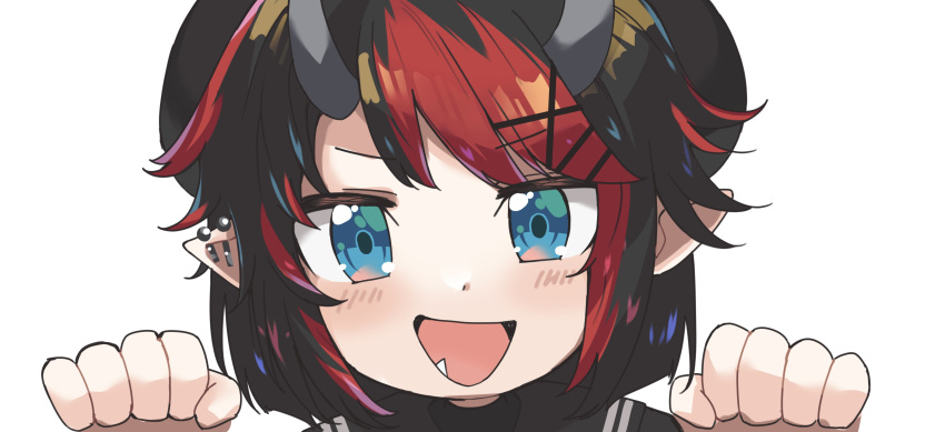 1girl :d absurdres beret black_hair black_headwear black_serafuku blue_eyes blush commentary_request demon_girl demon_horns ear_piercing hat highres horns looking_at_viewer multicolored_hair nanashi_inc. official_alternate_costume open_mouth piercing pointy_ears portrait red_hair ryugasaki_rene ryugasaki_rene_(3rd_costume) school_uniform serafuku short_hair simple_background smile solo sugar_lyric two-tone_hair virtual_youtuber white_background zono_(inokura_syuzo029)