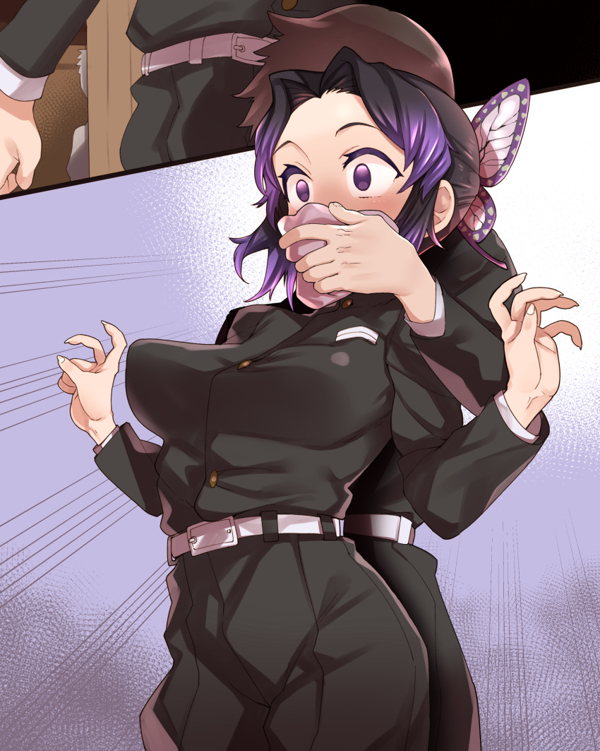 1boy 1girl absurdres black_hair breasts brown_hair butterfly_hair_ornament chloroform cloth commission covering_another's_mouth covering_mouth demon_slayer_uniform drugged georugu13 grabbing grabbing_from_behind hair_ornament hand_over_another's_mouth hands_up highres holding_cloth kimetsu_no_yaiba kochou_shinobu medium_breasts multicolored_hair pixiv_commission purple_eyes purple_hair short_hair