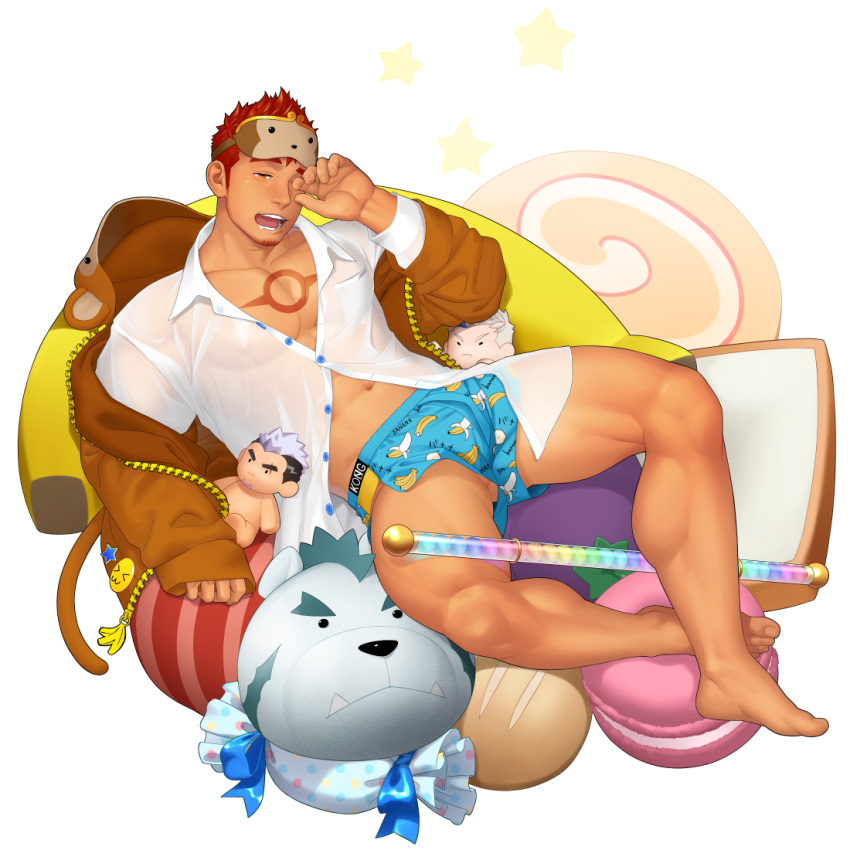 1boy abs alternate_costume bara bernard_(gyee) candy chest_tattoo facial_hair food grancy_(gyee) gyee itto_(mentaiko) jacket kong_(gyee) lying male_focus manly mature_male muscular muscular_male nipples official_art on_back pajamas pectorals pillow red_eyes red_hair saliva shirt simple_background sleep_mask sleepy solo spiked_hair staff stubble tattoo thick_eyebrows thick_thighs thighs underwear white_background white_shirt yan_(gyee)