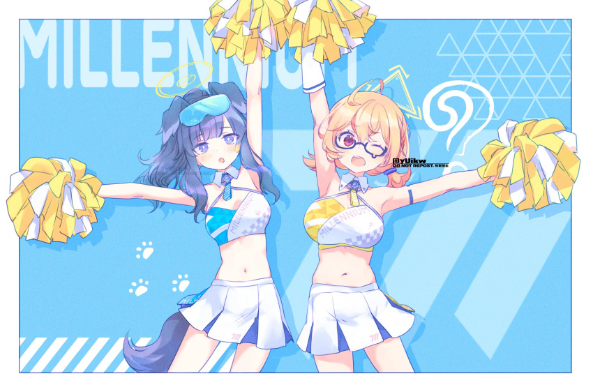 2girls ;d ahoge animal_ears arm_up armpits bare_shoulders blonde_hair blue_archive blue_bow bow breasts cheering cheerleader choker crop_top dog_ears dog_girl dog_tail eyewear_on_head glasses goggles goggles_on_head halo hibiki_(blue_archive) hibiki_(cheerleader)_(blue_archive) highres holding holding_pom_poms kotori_(blue_archive) kotori_(cheerleader)_(blue_archive) kyuuri_(miyako) long_hair looking_at_viewer medium_breasts midriff miniskirt multiple_girls navel one_eye_closed open_mouth pleated_skirt pom_pom_(cheerleading) pom_pom_(clothes) purple_eyes red_eyes semi-rimless_eyewear shirt short_hair skirt sleeveless sleeveless_shirt smile star_sticker sticker_on_face sunglasses tail under-rim_eyewear white_skirt yellow_halo