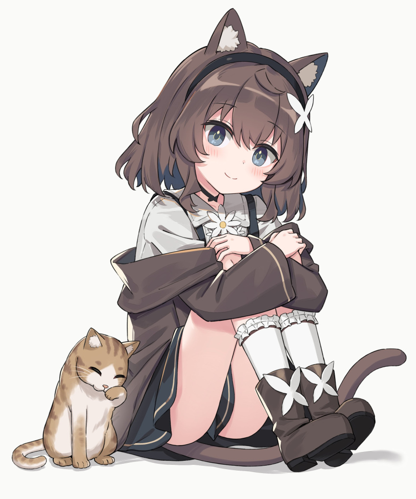 1girl absurdres animal_ear_fluff animal_ears black_choker black_hairband black_skirt black_vest boots brown_coat brown_footwear brown_hair cat cat_ears cat_girl cat_tail choker coat commentary_request frilled_socks frills full_body grey_eyes hairband highres hugging_own_legs knees_to_chest kurioshi_fio long_sleeves looking_at_viewer medium_hair off_shoulder original satou_(3366_s) shirt simple_background sitting skirt smile socks tail vest white_background white_shirt white_socks