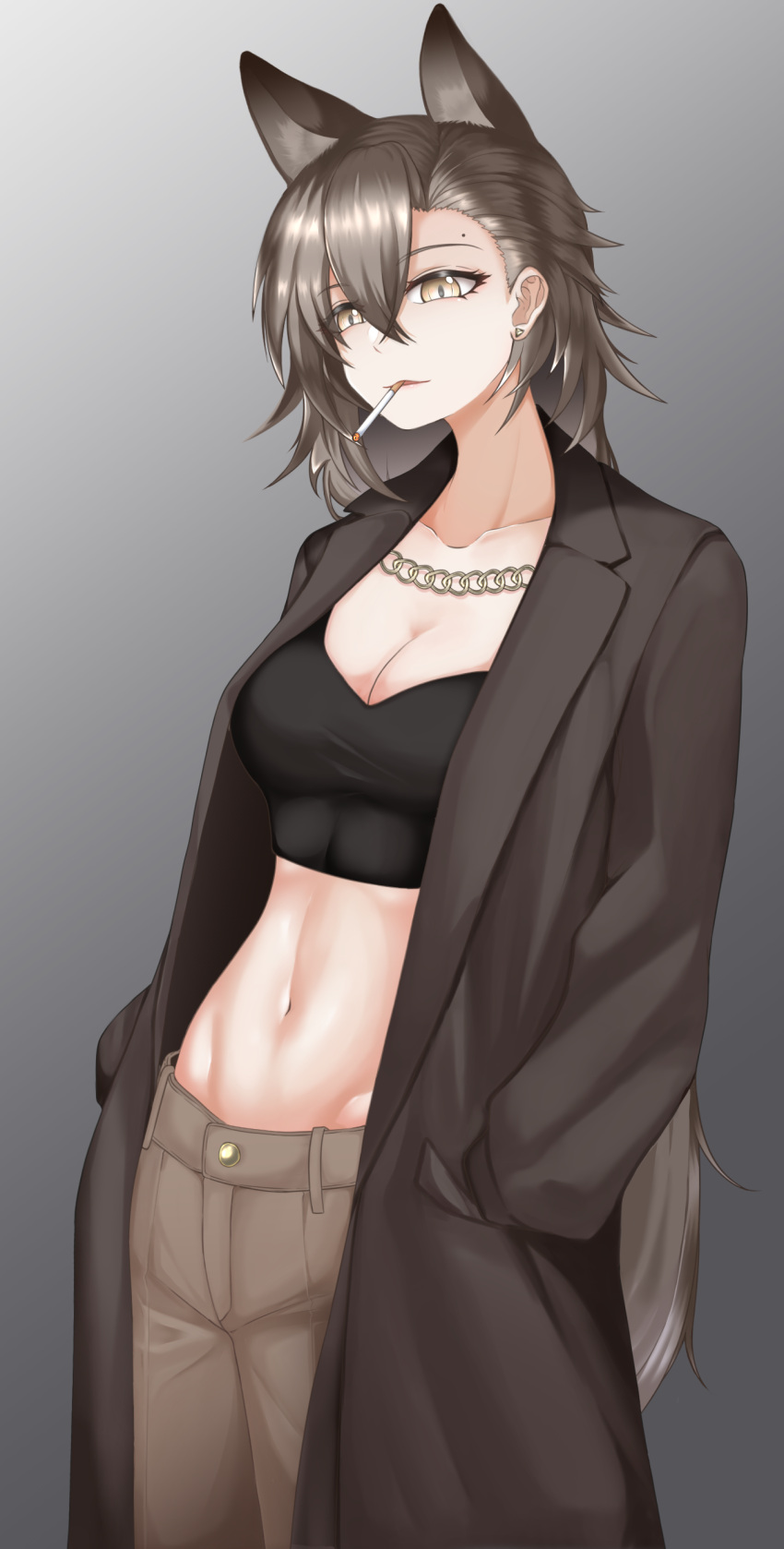 1girl absurdres alternate_costume animal_ears arknights black_coat black_shirt breasts cigarette cleavage coat cowboy_shot crop_top gradient_background grey_background grey_eyes grey_hair grey_pants groin hair_between_eyes hands_in_pockets highres medium_breasts medium_hair midriff mouth_hold navel open_clothes open_coat pants parted_lips penance_(arknights) shirt solo st_(vyzs4725) standing stomach wolf_ears