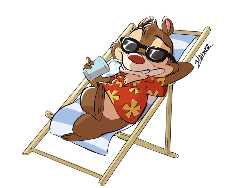 2023 3_toes aloha_shirt anthro bendy_straw biped bottomless bottomless_anthro bottomless_male brown_body brown_fur buckteeth cel_shading chair chest_tuft chip_'n_dale_rescue_rangers chipmunk clothed clothing container crossed_legs cup dale_(disney) digital_drawing_(artwork) digital_media_(artwork) disney drinking eyebrows eyewear feet fur furniture ground_squirrel hand_behind_head harara head_tuft hi_res holding_container holding_cup holding_object lounge_chair male mammal pattern_clothing pattern_shirt pattern_topwear raised_eyebrow reclining red_nose relaxing rodent sciurid shaded shirt signature simple_background smile solo straw sunglasses tan_body tan_fur teeth toes topwear tuft white_background