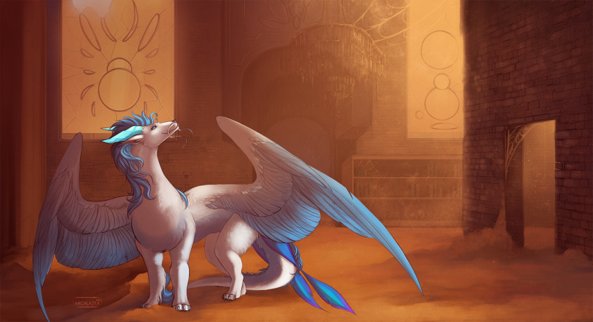 &lt;3 abandoned_building blue_eyes book bookshelf dragon dust dust_cloud feathered_wings feathers female feral fur furniture gradient_fur hair hi_res horn ice_horn sand scalie smile solo tail tail_tuft temple tuft western_dragon whiskers white_body wings