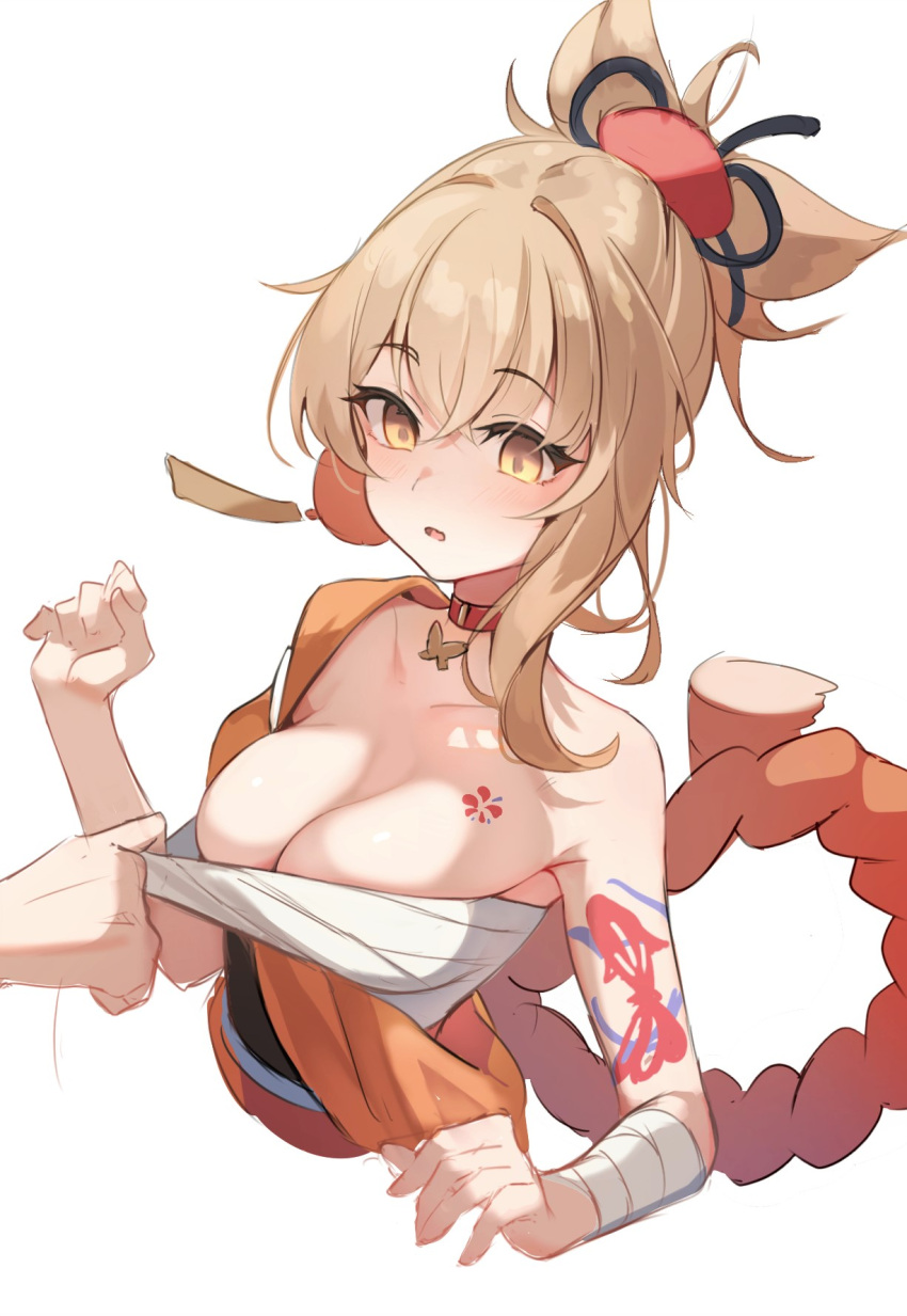 1girl arm_tattoo bandaged_arm bandages bare_shoulders blonde_hair blush breasts butterfly_choker chest_sarashi chest_tattoo choker cleavage clothes_pull collarbone empty_eyes fish_tattoo flower_tattoo genshin_impact hair_between_eyes hair_ornament highres japanese_clothes kimono large_breasts looking_at_another lumo_1121 nose_blush open_mouth orange_kimono ponytail pulled_by_another red_choker sarashi sarashi_pull tattoo upper_body white_background yellow_eyes yoimiya_(genshin_impact)